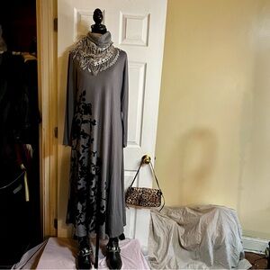 New Attitudes By Renee Rayon‎ Jersey Pocket Floral Boho Drape Gray Midi Dress XS